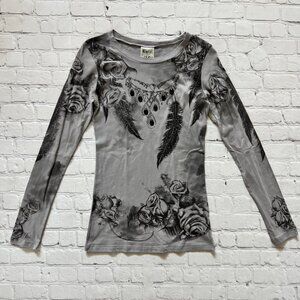 New Vocal Apparel womens crystal gray black feather jewel long sleeve shirt S